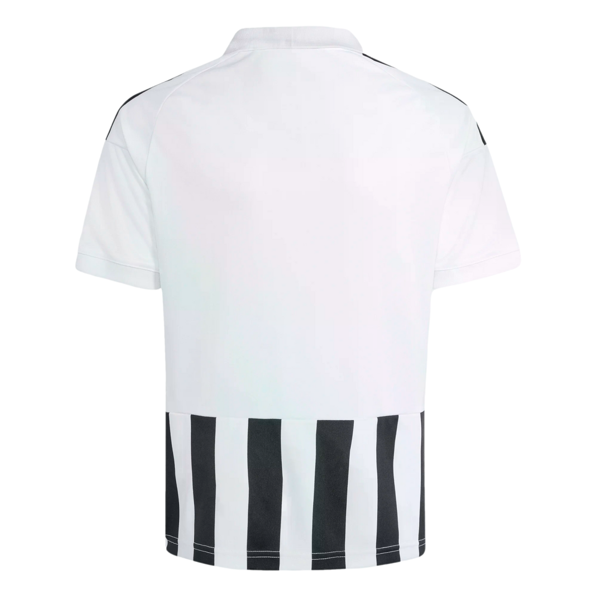 Back view of a white jersey featuring black shoulder stripes and a black and white vertical striped panel at the bottom.