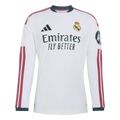 Long-sleeved white Real Madrid home jersey featuring dark red shoulder stripes, dark green collar and cuffs, and the Emirates sponsor logo across the chest.