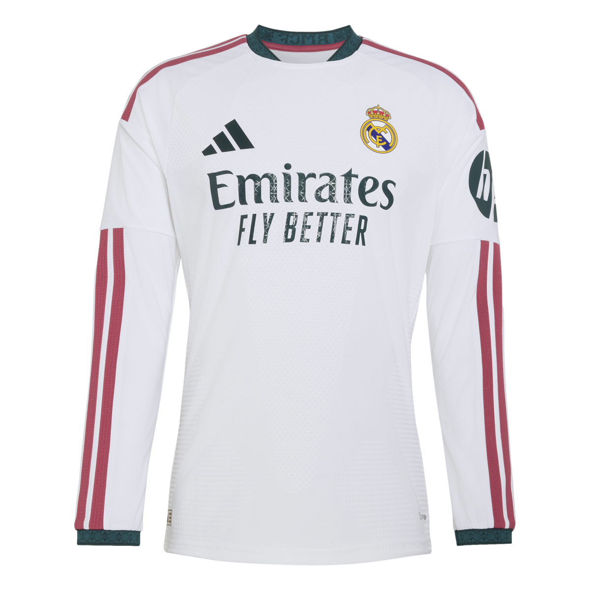 Long-sleeved white Real Madrid home jersey featuring dark red shoulder stripes, dark green collar and cuffs, and the Emirates sponsor logo across the chest.
