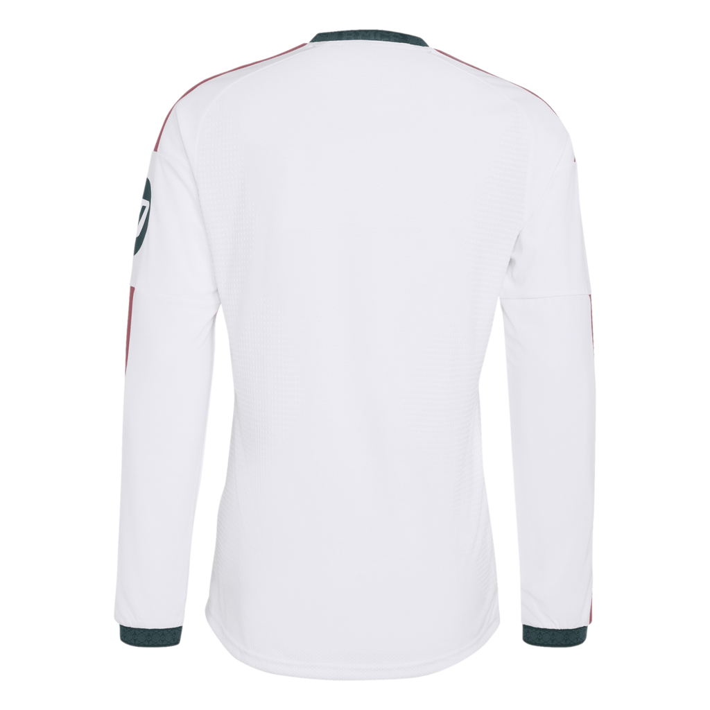Back view of a white long-sleeved athletic jersey featuring dark green collar and cuffs and maroon shoulder accents.