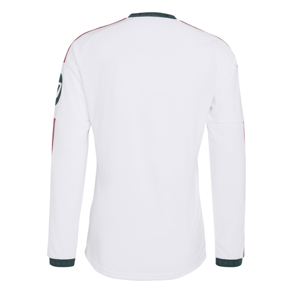 Back view of a white long-sleeved athletic jersey featuring dark green collar and cuffs and maroon shoulder accents.