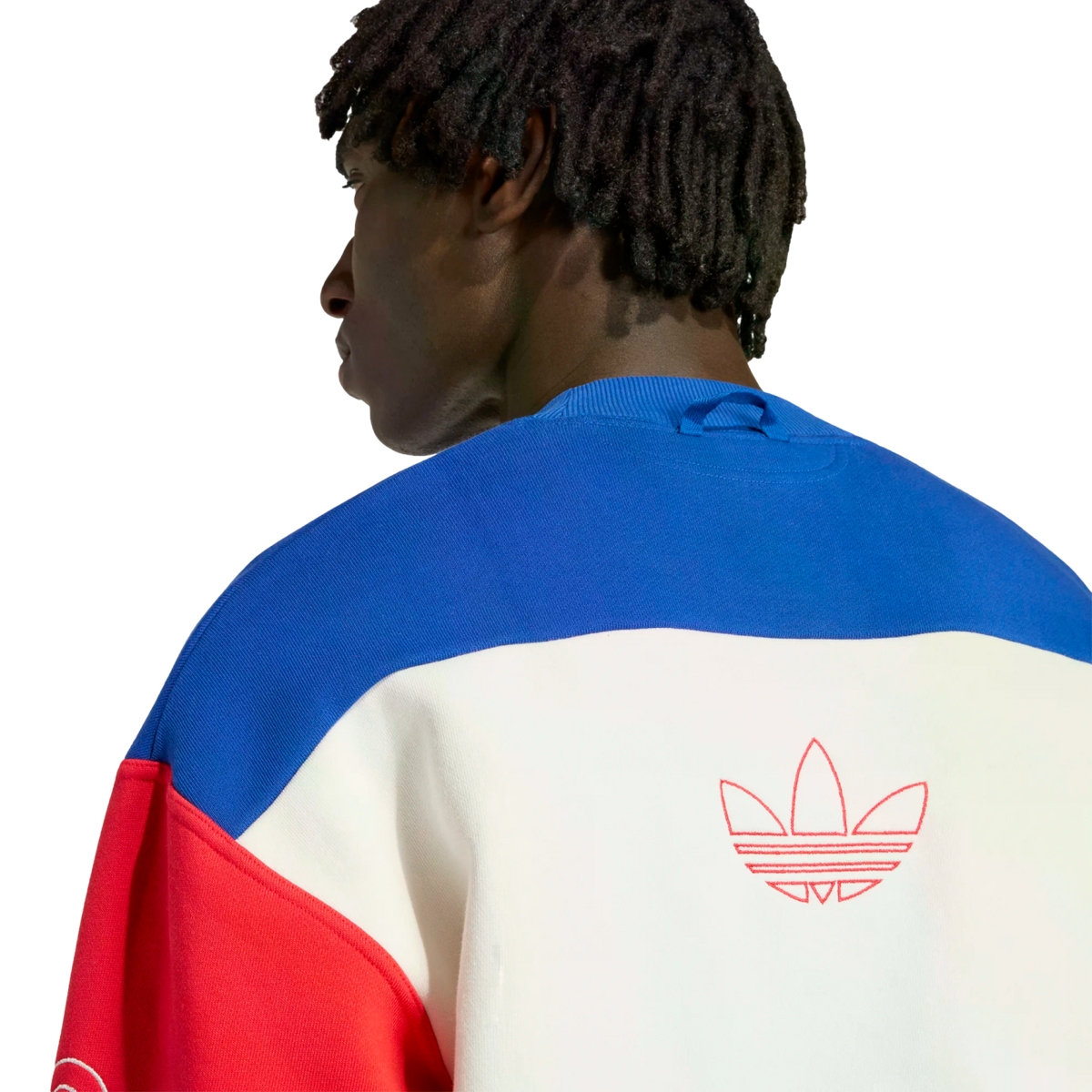 A back view of a person with dreadlocks wearing a blue, white, and red color-blocked Adidas sweatshirt with a large red Trefoil logo outline on the back.