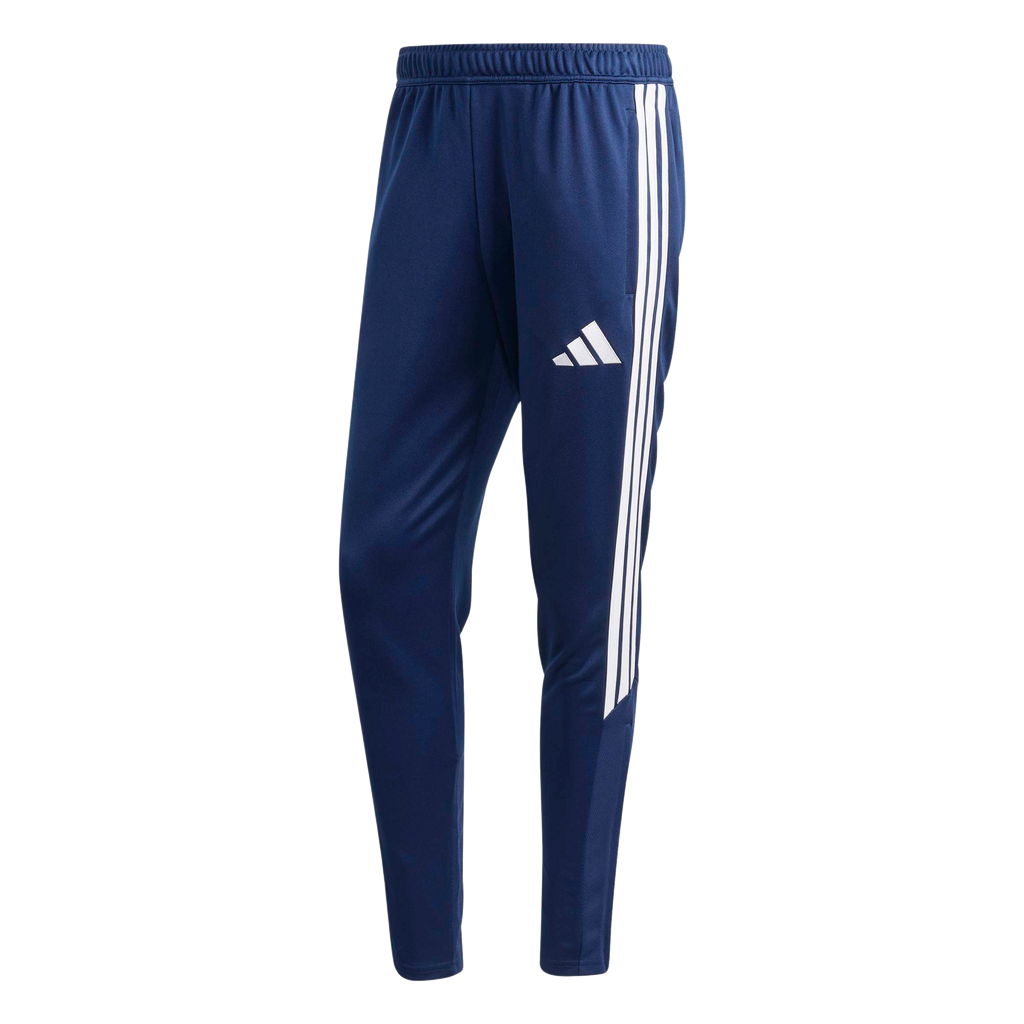 A pair of navy blue Adidas track pants with three white side stripes and a white logo on the left thigh.