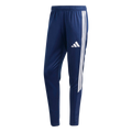 A pair of navy blue Adidas track pants with three white side stripes and a white logo on the left thigh.
