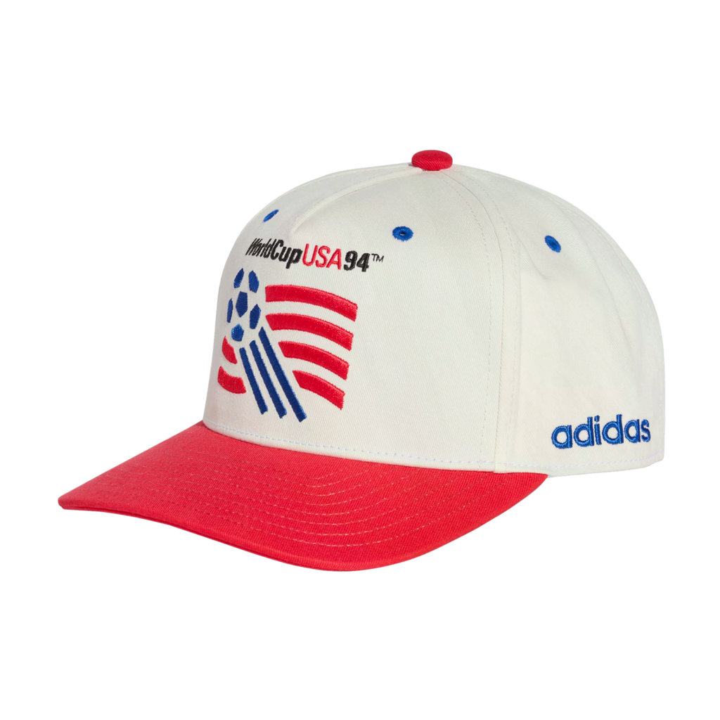 A white and red baseball cap featuring the embroidered 1994 World Cup USA logo and "adidas" branding on the side.