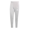A pair of light grey Adidas track pants featuring three white stripes down the sides and a white logo on the left thigh.
