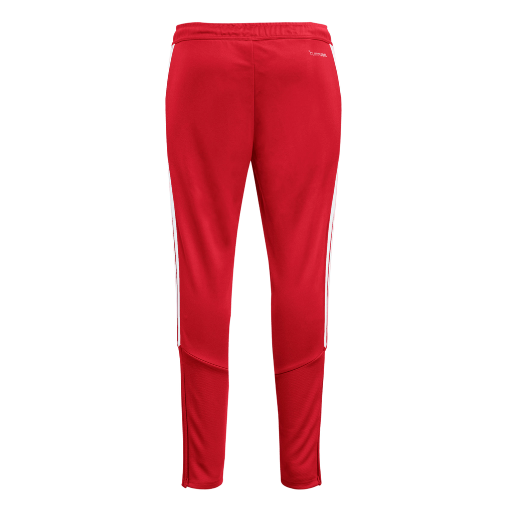 Back view of red Adidas track pants featuring white side stripes, textured lower leg panels, and a CLIMACOOL logo on the hip.