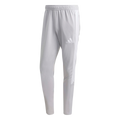 Light grey Adidas training pants featuring three white side stripes, an elastic waistband, and a white logo on the left thigh.