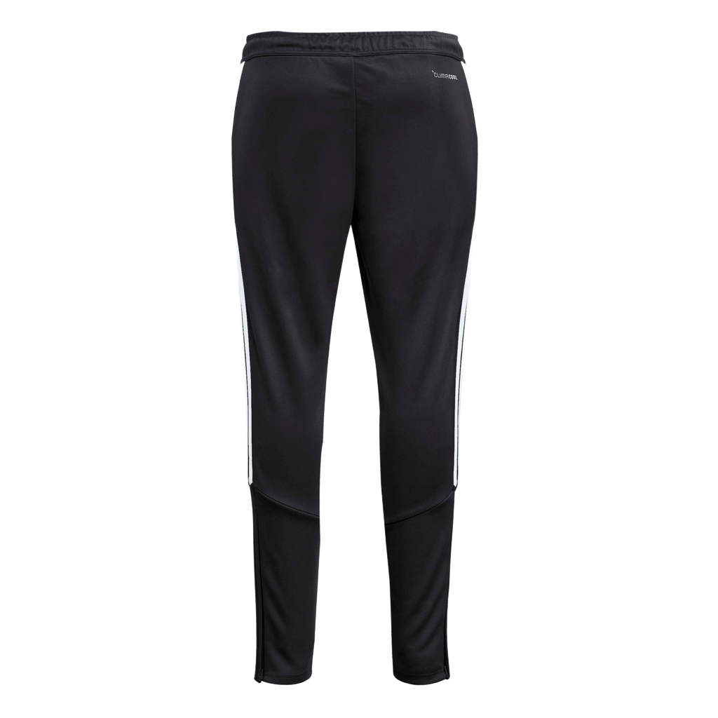 Back view of black tapered track pants featuring three white stripes along the sides, a "CLIMACOOL" logo on the hip, and textured lower leg panels.