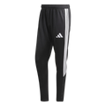 Black Adidas athletic pants featuring three white stripes down the side and a white logo on the left thigh.