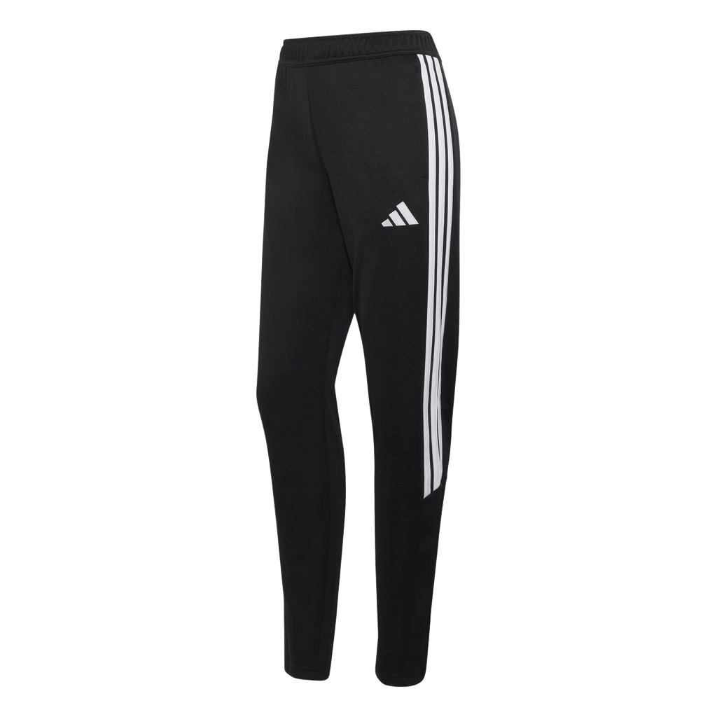 A pair of black Adidas sweatpants featuring three white stripes along the side and a white Adidas logo on the thigh.