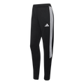 A pair of black Adidas sweatpants featuring three white stripes along the side and a white Adidas logo on the thigh.