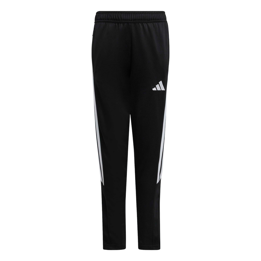 Black Adidas track pants with white stripes down the sides and a white logo on the left thigh.