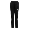 Black Adidas track pants with white stripes down the sides and a white logo on the left thigh.