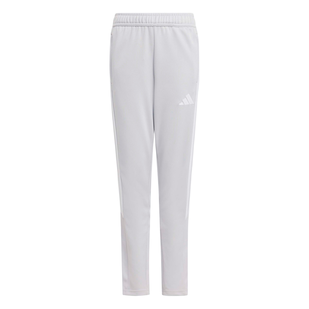 Light gray Adidas track pants featuring three subtle white stripes down the sides, an elastic waistband, and a small brand logo on the left thigh.