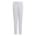 Light gray Adidas track pants featuring three subtle white stripes down the sides, an elastic waistband, and a small brand logo on the left thigh.