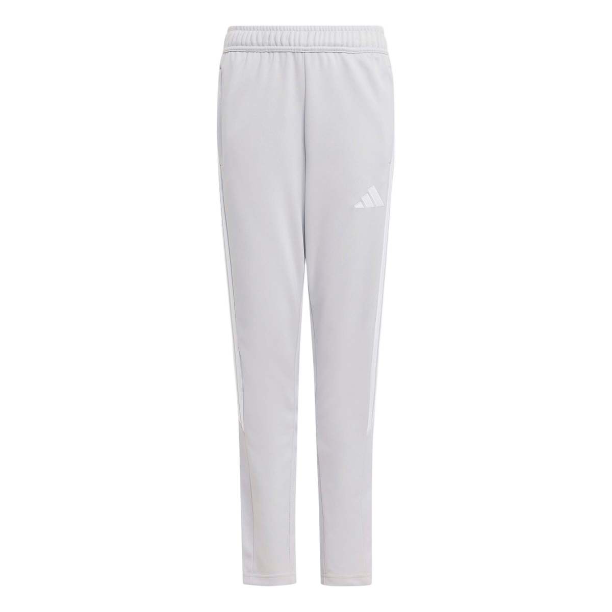 Light gray Adidas track pants featuring three subtle white stripes down the sides, an elastic waistband, and a small brand logo on the left thigh.