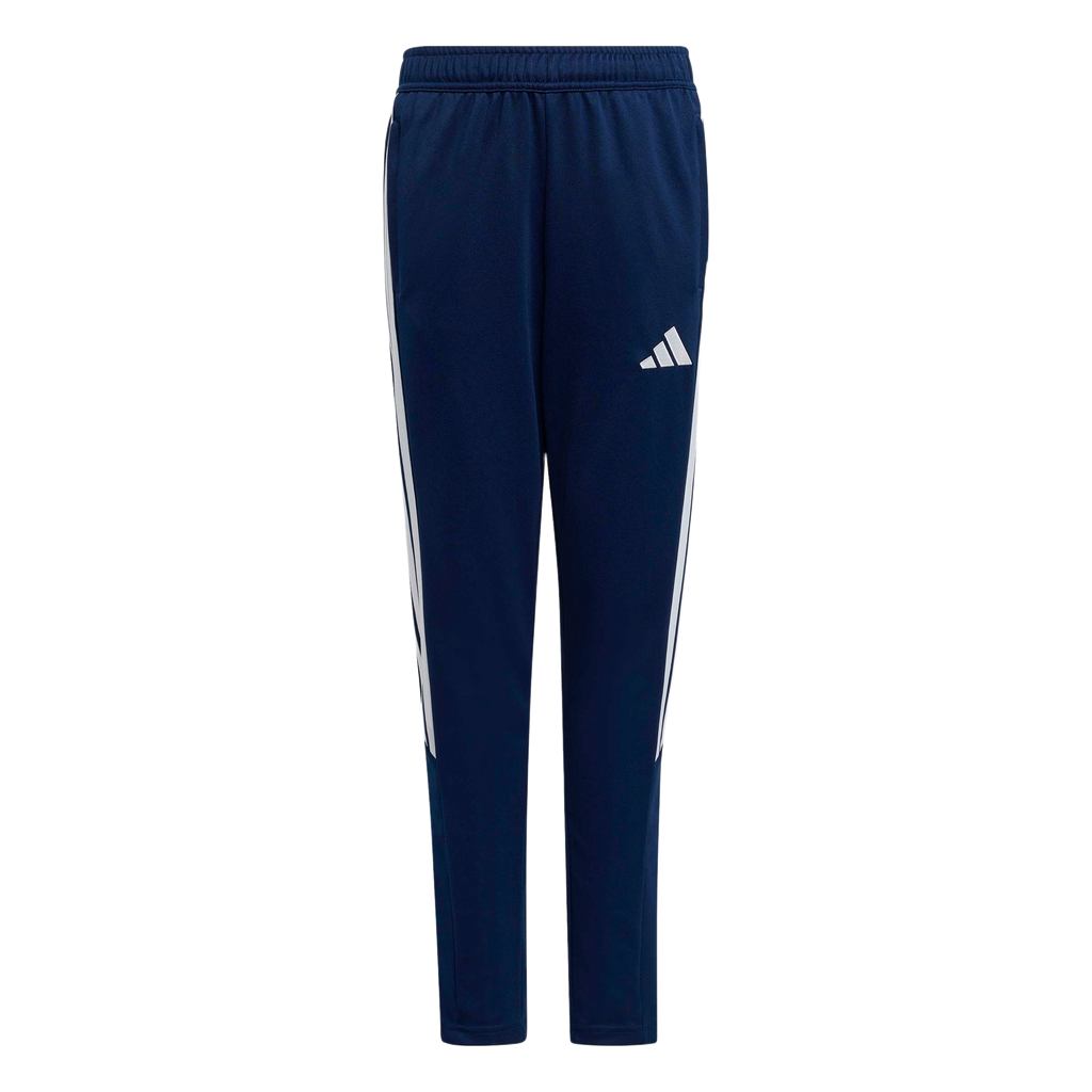 Navy blue Adidas track pants with white three-stripes on the sides and a white logo on the right thigh. Featuring an elastic waistband and tapered legs.