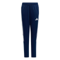Navy blue Adidas track pants with white three-stripes on the sides and a white logo on the right thigh. Featuring an elastic waistband and tapered legs.