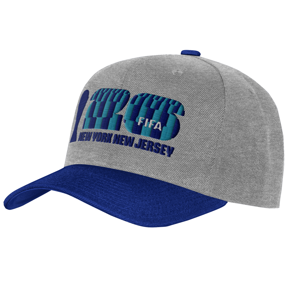 A heather grey baseball cap with a dark blue brim. The front features a large, stylized "26" graphic in blue and teal vertical stripes with "FIFA" in white text, and the words "NEW YORK NEW JERSEY" embroidered in dark blue below.