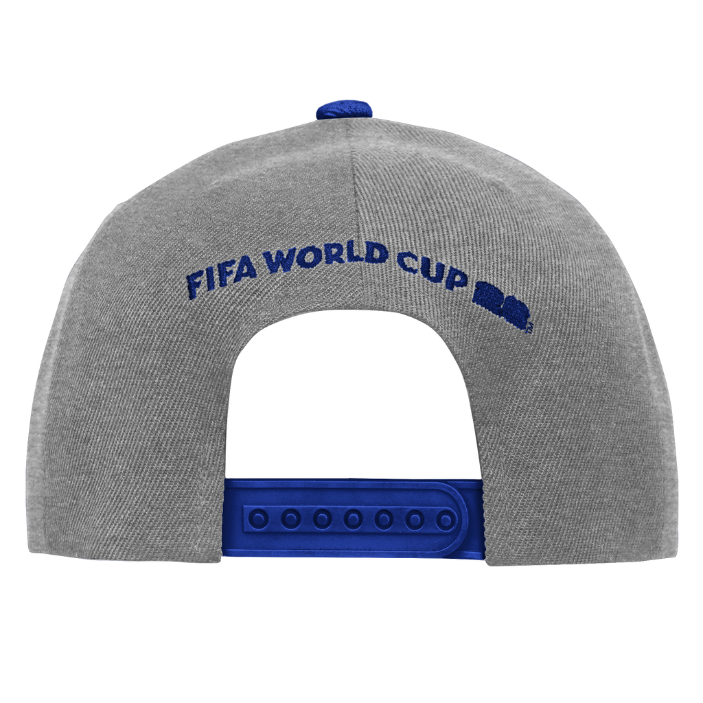 The back of a grey heathered baseball cap with blue embroidery that reads "FIFA WORLD CUP" in an arch. The cap features a blue plastic snapback closure and a blue button on top, all set against a solid black background.