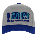 A grey baseball cap with a dark blue brim. The front features an embroidered design for the 2026 FIFA World Cup, including a dark blue trophy silhouette, large teal and blue patterned numbers "26" with "FIFA" in white, and "NEW YORK NEW JERSEY" in blue le