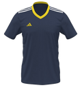 Navy blue Adidas soccer jersey featuring a yellow V-neck, a yellow logo on the right chest, and three white stripes along the shoulders.