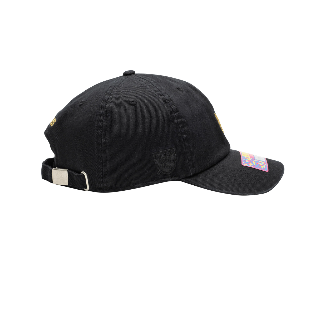Side profile of the black Fan Ink Los Angeles FC Bambo Classic Hat, featuring a tonal embroidered crest on the side and an adjustable strap at the back.