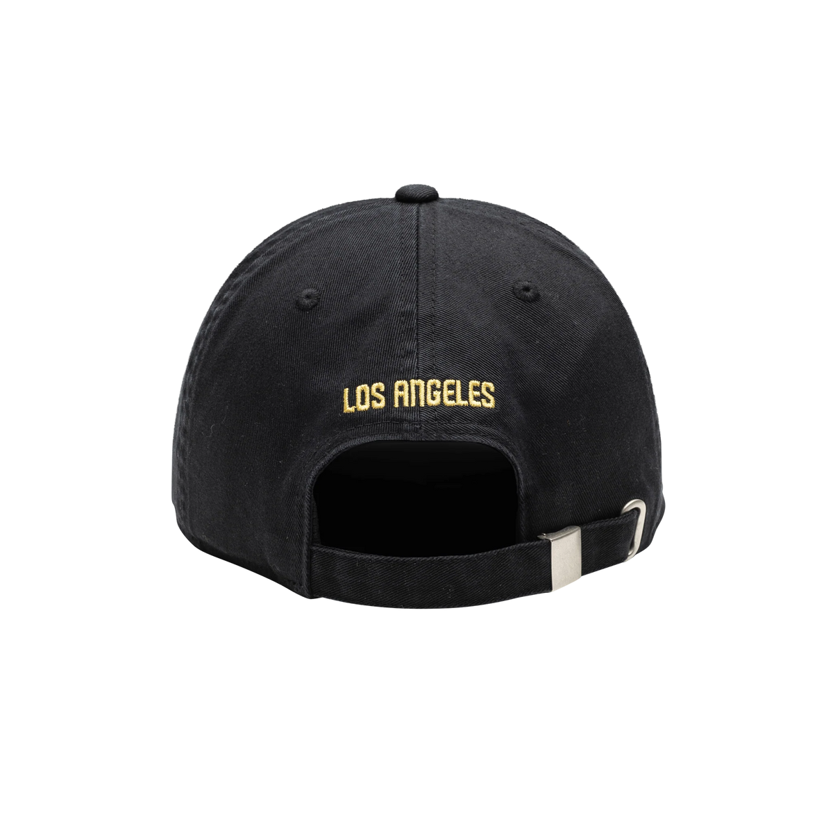 The back view of a black Fan Ink Los Angeles FC Bambo Classic Hat, featuring "LOS ANGELES" embroidered in yellow text and an adjustable strap with a silver buckle.