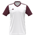 White Adidas soccer jersey with maroon short sleeves, a maroon V-neck collar, and maroon stripes on the shoulders.