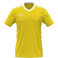 Bright yellow Adidas soccer jersey with a white V-neck, white shoulder stripes, and a white logo on the chest.