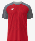 Red New Balance athletic jersey with a subtle diagonal dot pattern and grey raglan sleeves.