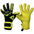 A pair of yellow and black Aviata goalkeeper gloves. The backhand features a black honeycomb pattern and brand logo, while the palm is solid bright yellow.