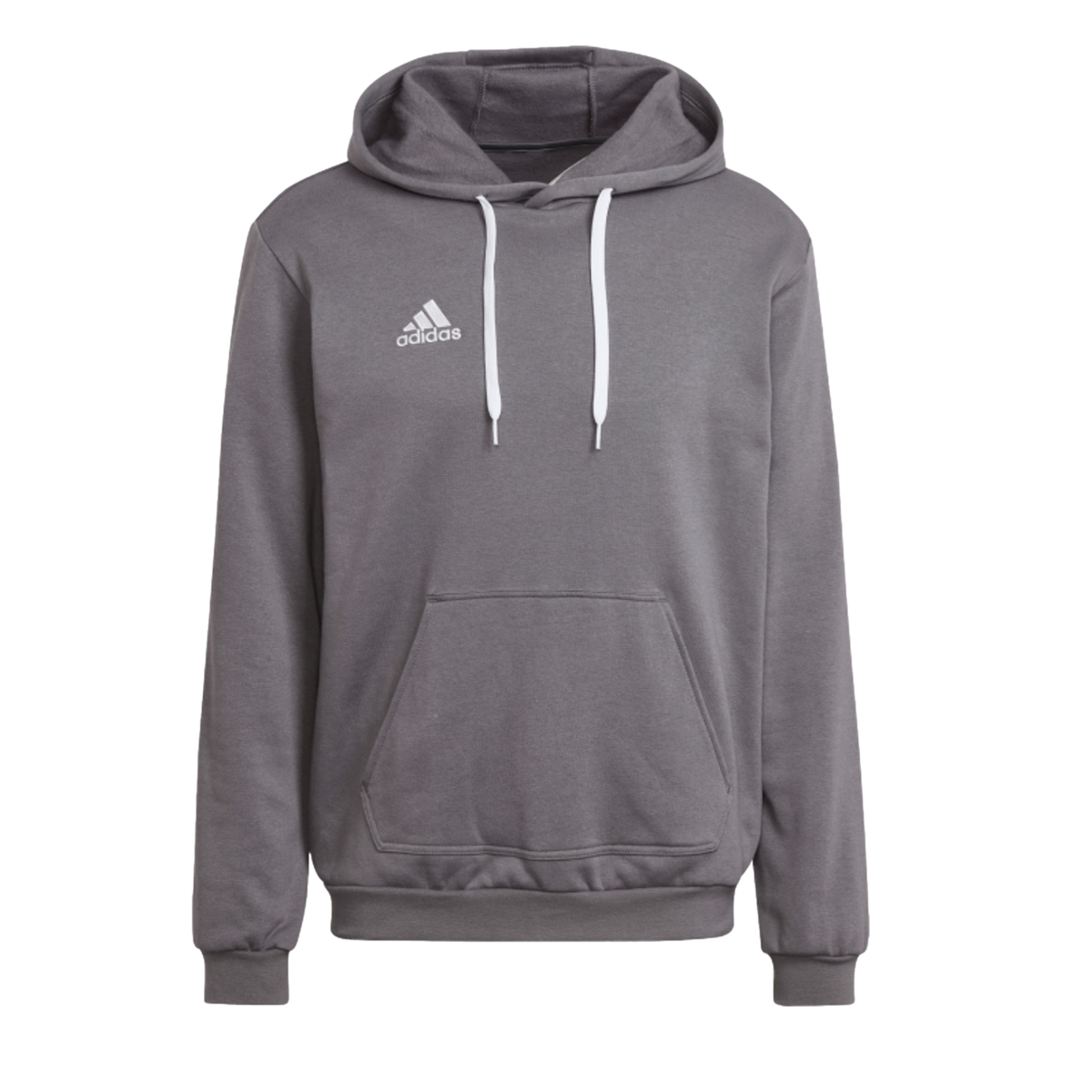 A gray Adidas pullover hoodie with white drawstrings and a front kangaroo pocket.