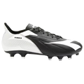 Side profile of a black and white soccer cleat with a large white logo, black laces, and white-tipped studs on a black sole.