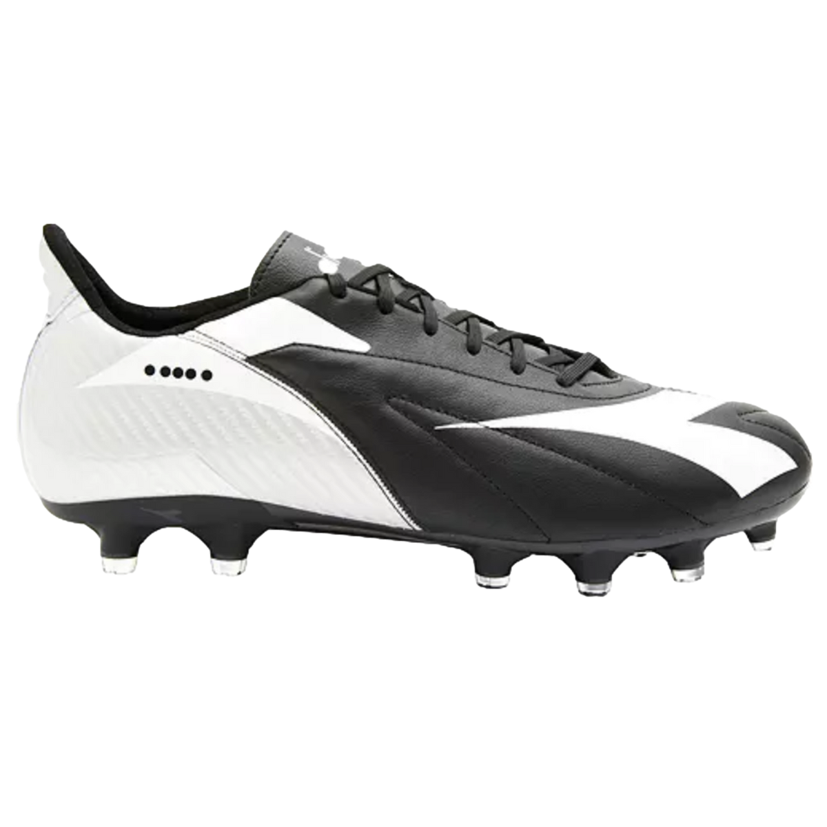 Side profile of a black and white soccer cleat with a large white logo, black laces, and white-tipped studs on a black sole.