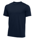 A plain navy blue short-sleeved crew-neck t-shirt shown against a white background.