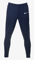 A pair of navy blue Nike track pants with a white swoosh logo on the left leg, featuring a tapered fit and elastic waistband.
