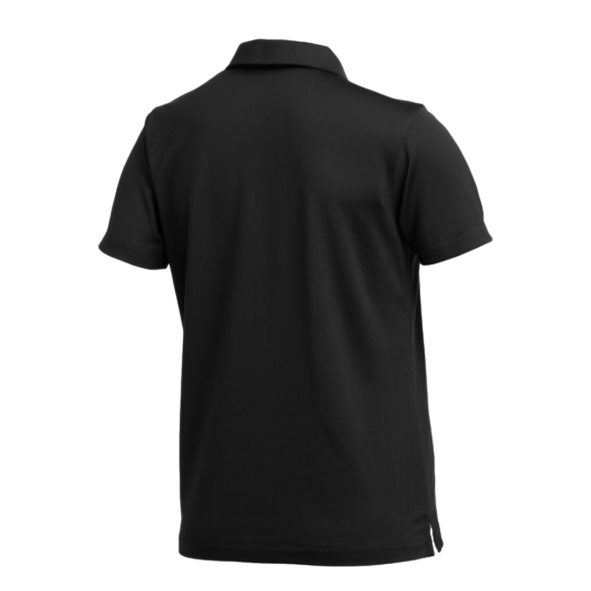 Rear view of a solid black short-sleeved polo shirt with a classic collar and side vents at the hem.