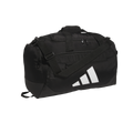 A black Adidas duffel bag featuring a large white three-stripe logo on the side, dual carry handles, and an adjustable shoulder strap.