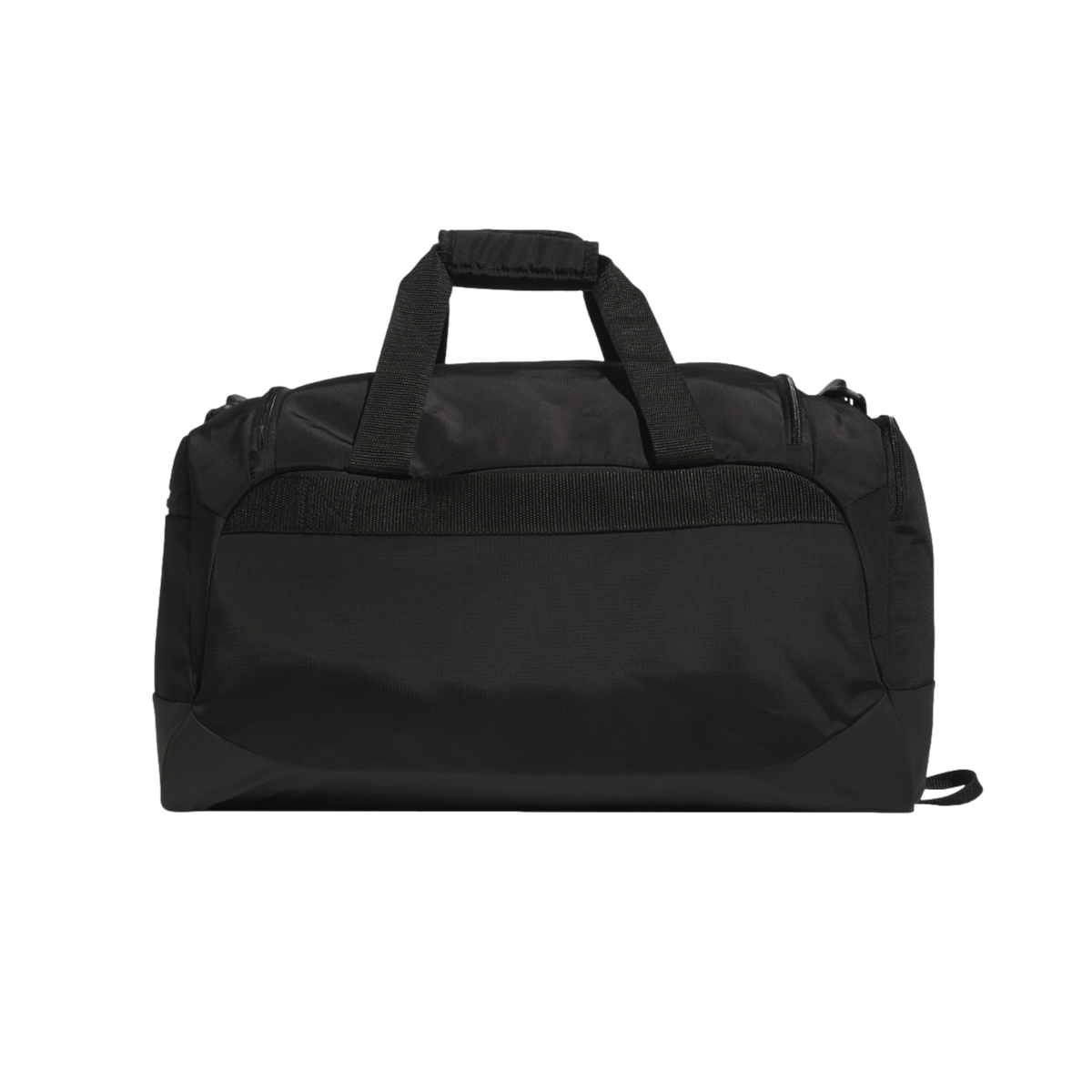 A black duffel bag with dual top handles, isolated against a black background.