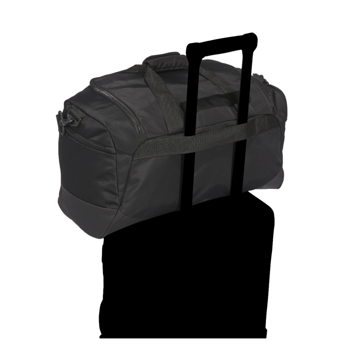 A black duffel bag with a trolley sleeve secured over the telescopic handle of a suitcase, against a black background.