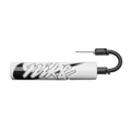 Compact white Nike ball pump with graffiti-style branding, a black hose, and a needle on a black background.