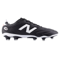 A side view of a black New Balance 442 soccer boot featuring a large white logo, a white midsole, and black studs with clear tips against a solid black background.