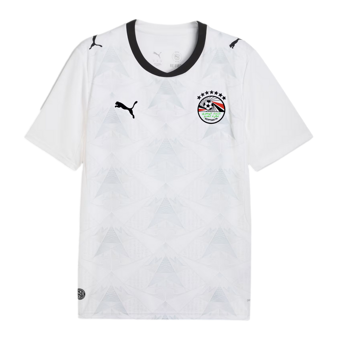 A white Puma Egypt national football team jersey with a subtle light gray geometric pyramid pattern across the front. It features a black crew neck collar, a black Puma logo on the right chest, and the Egyptian Football Association crest with seven stars 