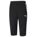 A pair of black 3/4 length PUMA athletic pants featuring a white leaping cat logo on the right thigh and a short white vertical stripe on the outer right hip.