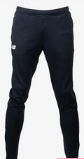 Dark navy New Balance joggers with a white logo on the right thigh and tapered legs against a white background.