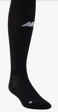 Black New Balance knee-high athletic sock with a white logo on the calf and grey textured details around the ankle and foot.