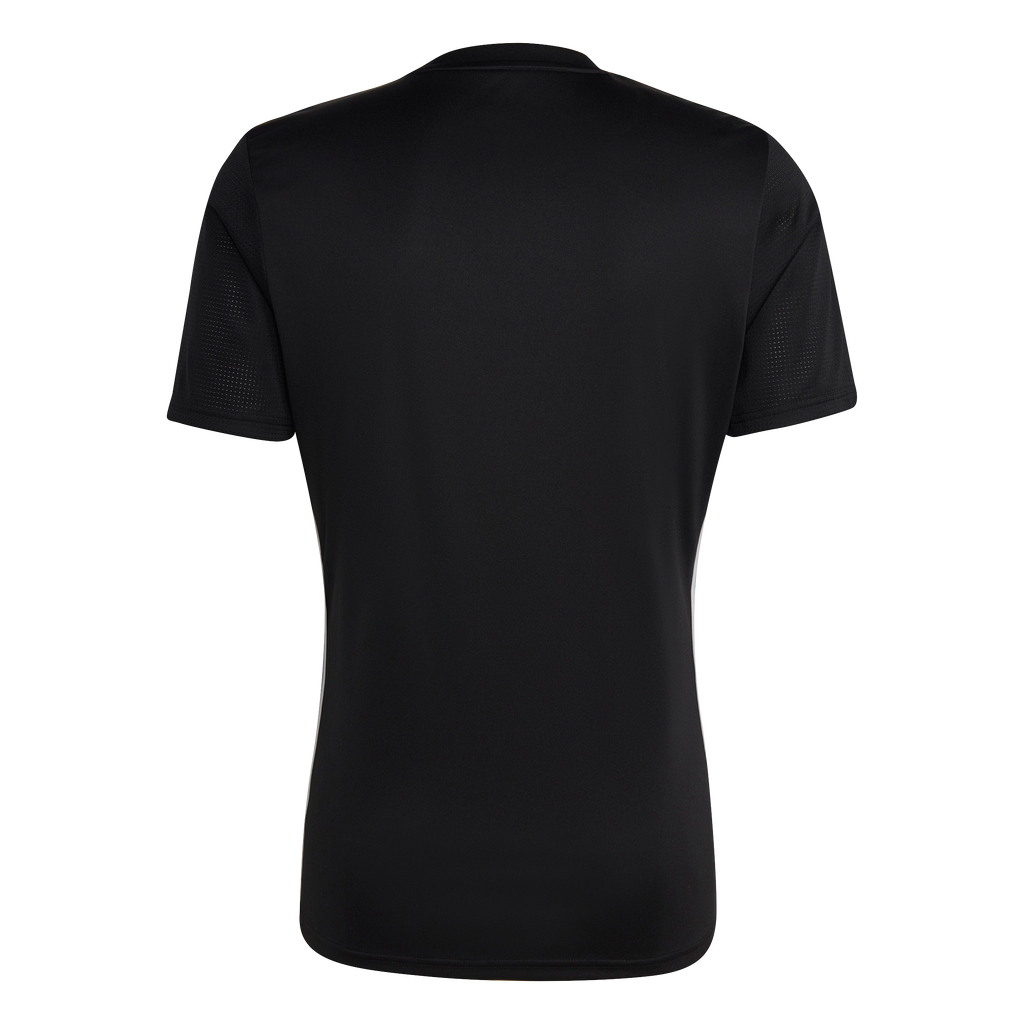 Rear view of a black short-sleeved sports jersey with perforated mesh sleeves and white side stripes, displayed against a white background.