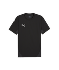 Black Puma short-sleeve athletic t-shirt with white logos on the chest and sleeve, and dark gray side panels.